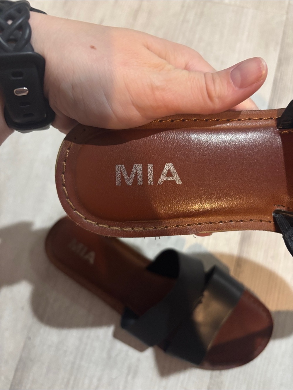 MIA Black Double Strap Slide Sandals with Brown Footbed - Picture 6 of 7